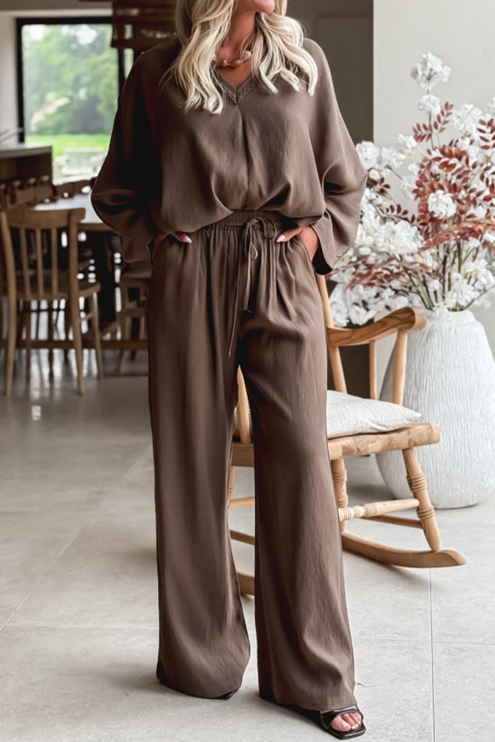 Dark Brown Braided V Neck Long Sleeve Loose Top and Drawstring High Waist Pants 2pcs Outfit - MAD RUFFI