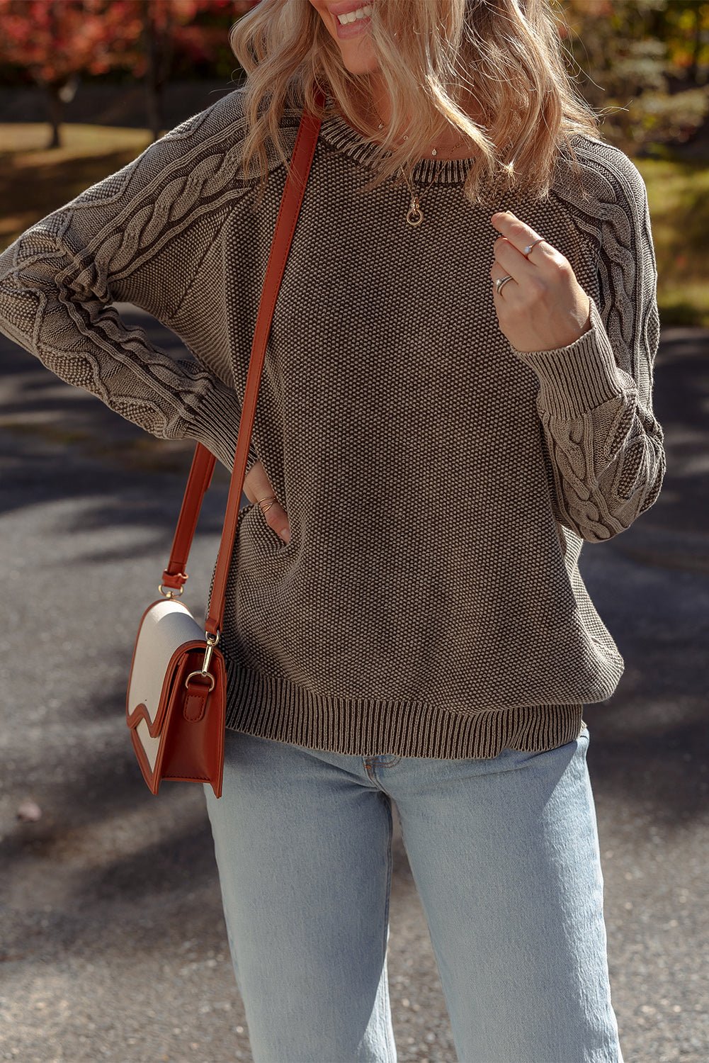 Dark Brown Cable Knit Raglan Sleeve Casual Sweater - MAD RUFFI