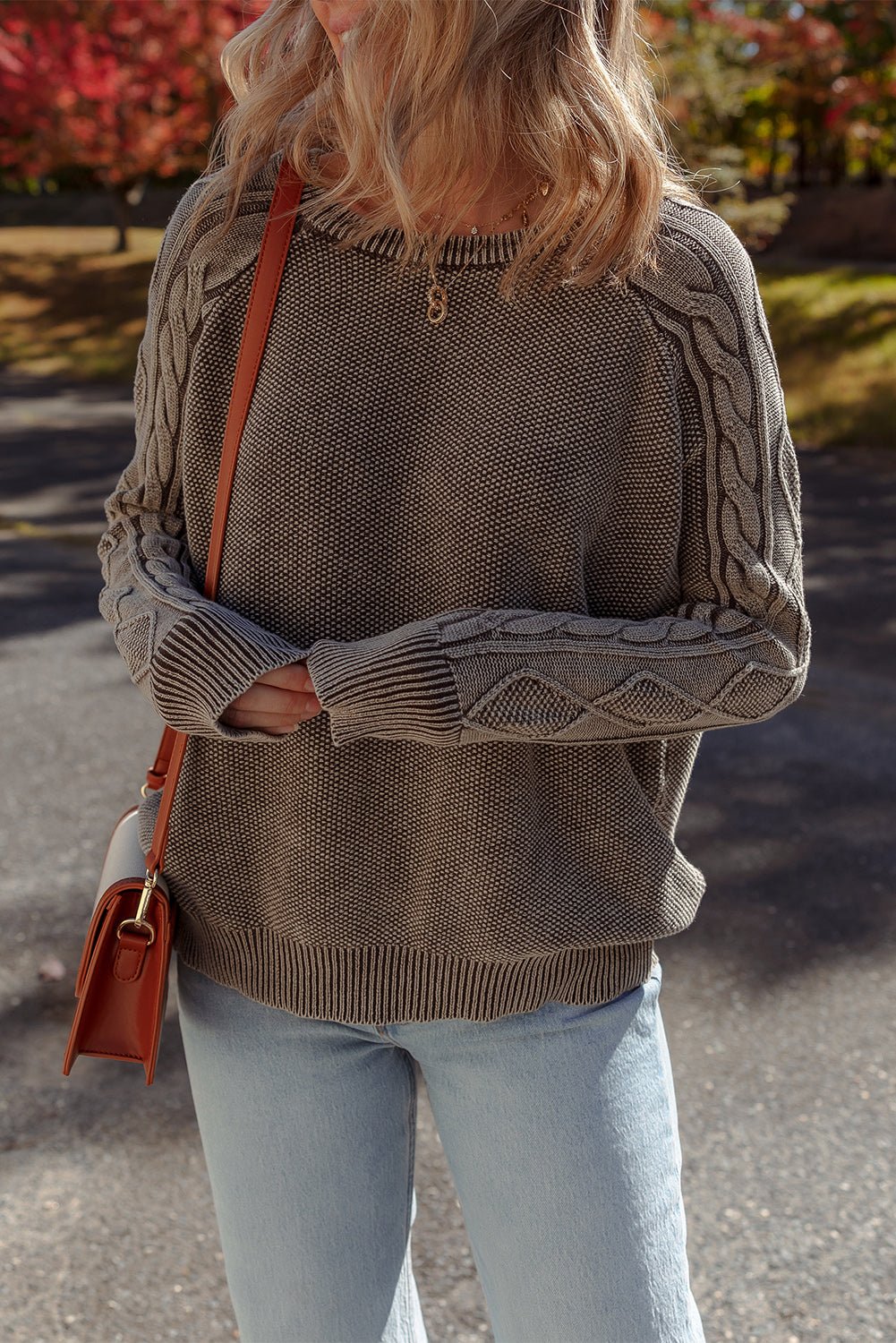 Dark Brown Cable Knit Raglan Sleeve Casual Sweater - MAD RUFFI