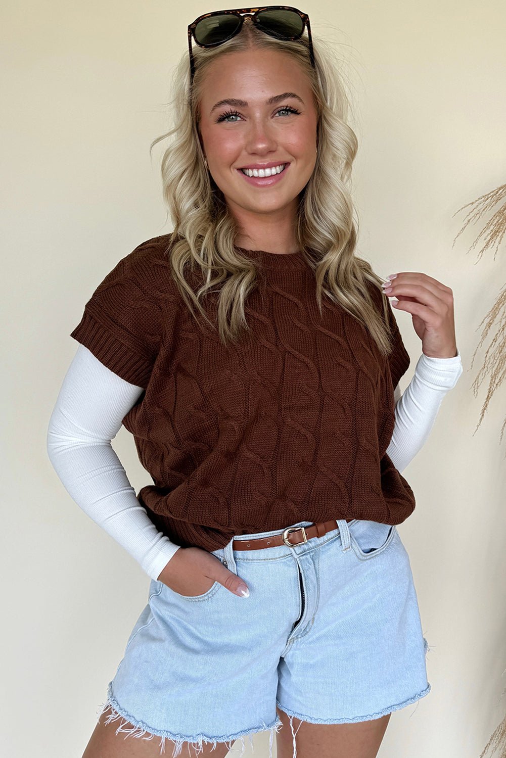 Dark Brown Cable Texture Crew Neck Short Sleeve Sweater Top - MAD RUFFI