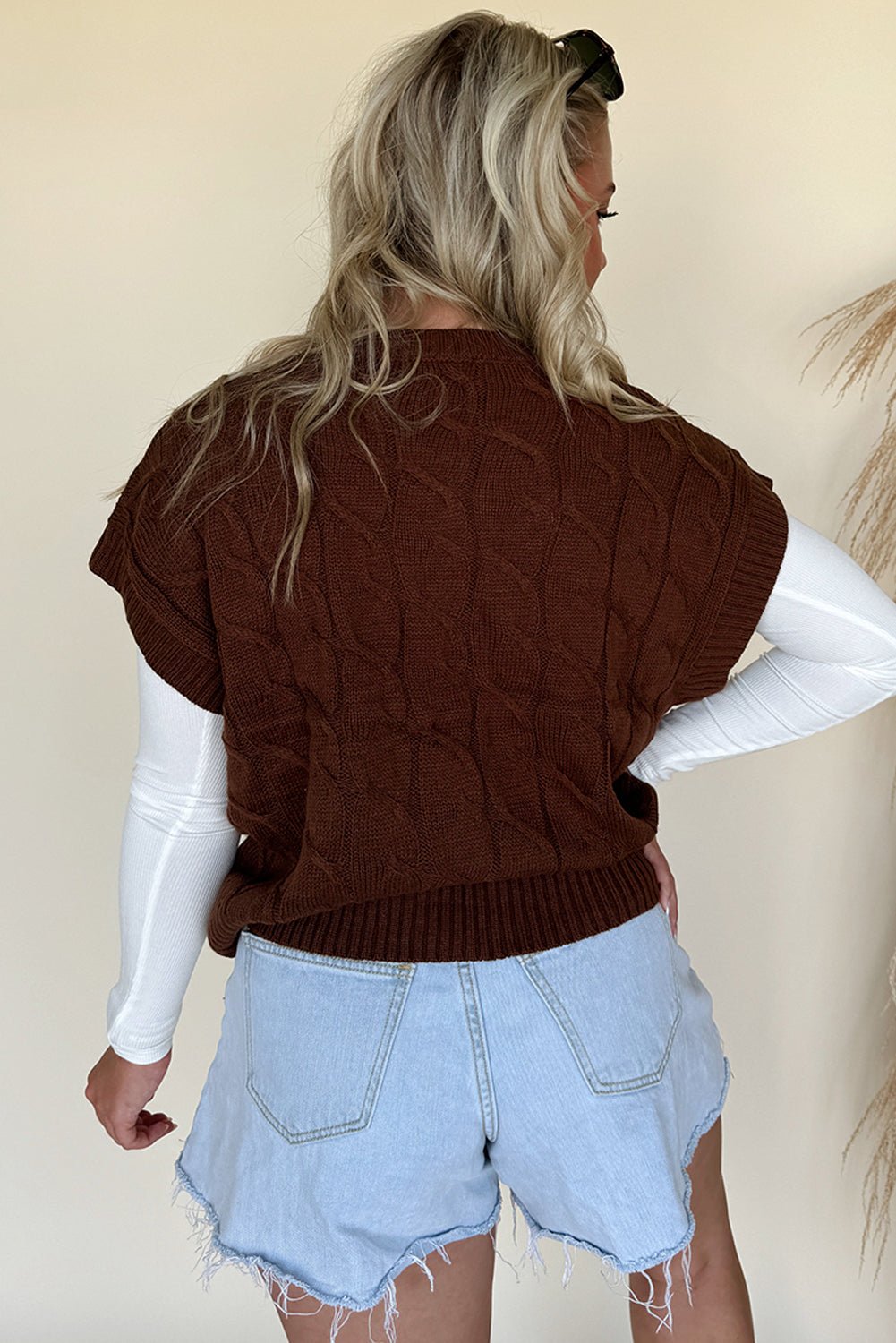 Dark Brown Cable Texture Crew Neck Short Sleeve Sweater Top - MAD RUFFI
