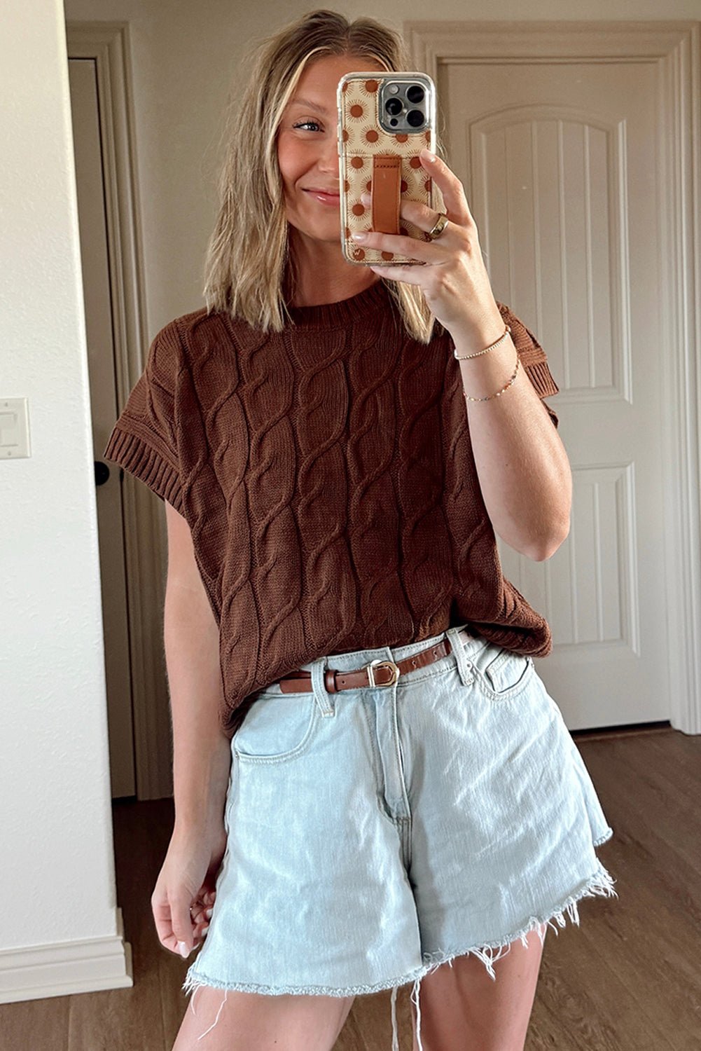 Dark Brown Cable Texture Crew Neck Short Sleeve Sweater Top - MAD RUFFI