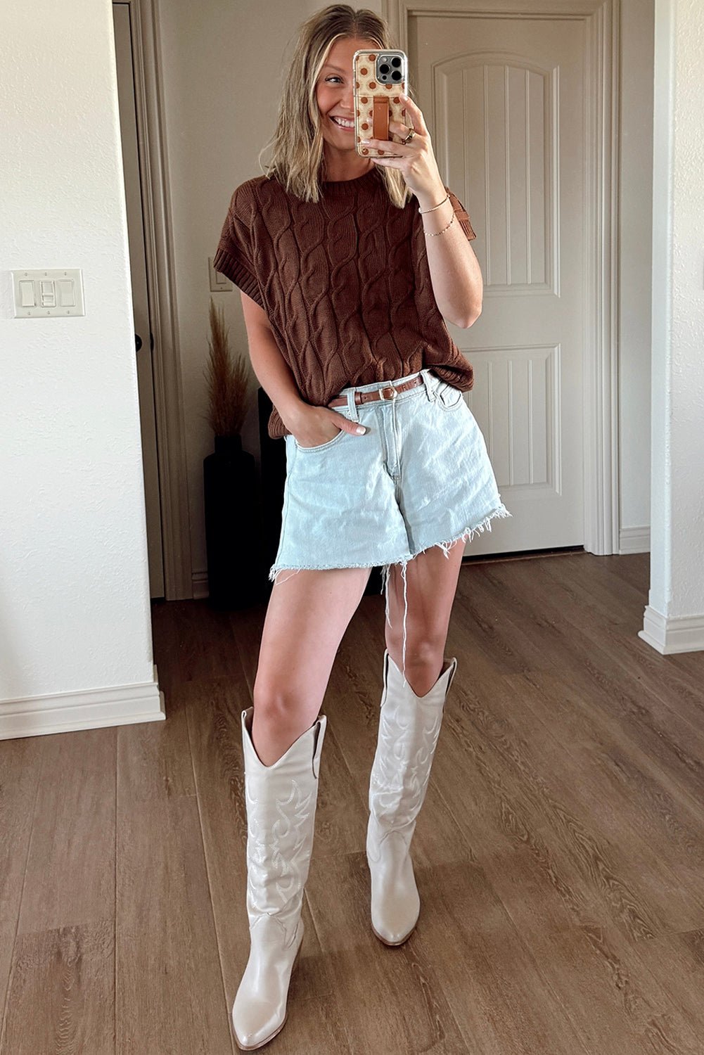 Dark Brown Cable Texture Crew Neck Short Sleeve Sweater Top - MAD RUFFI