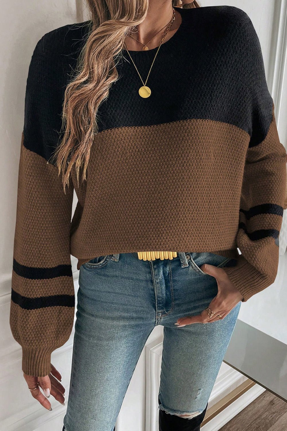 Dark Brown Colorblock Striped Sleeve Detail Knit Sweater - MAD RUFFI