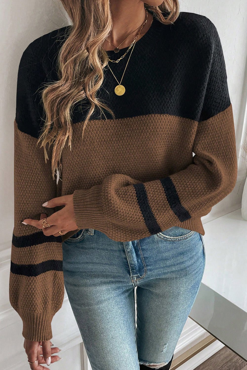 Dark Brown Colorblock Striped Sleeve Detail Knit Sweater - MAD RUFFI