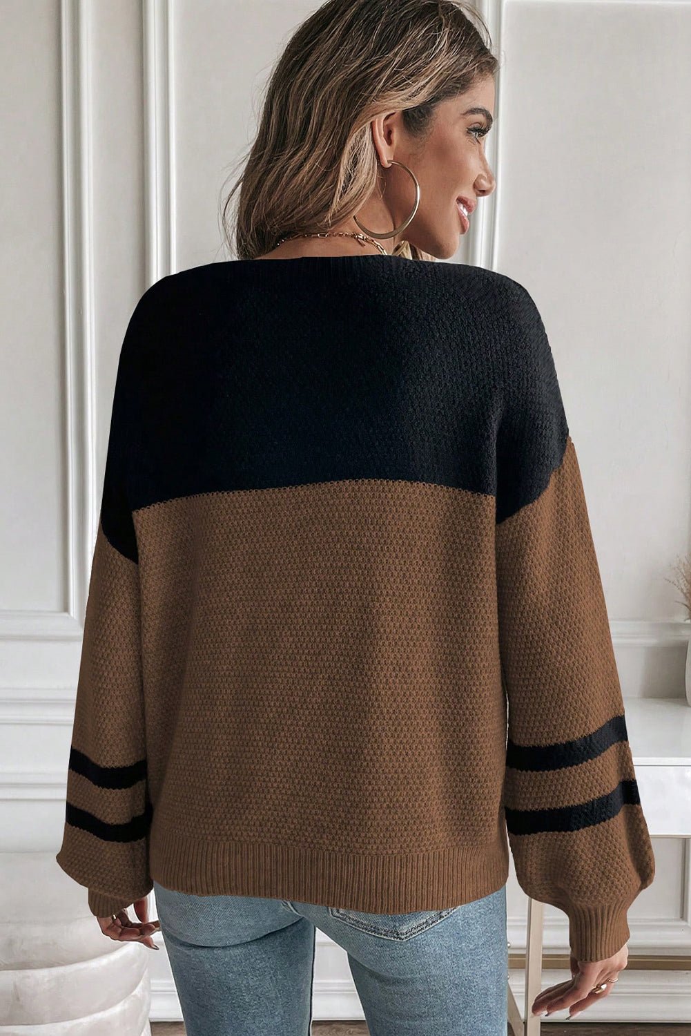 Dark Brown Colorblock Striped Sleeve Detail Knit Sweater - MAD RUFFI