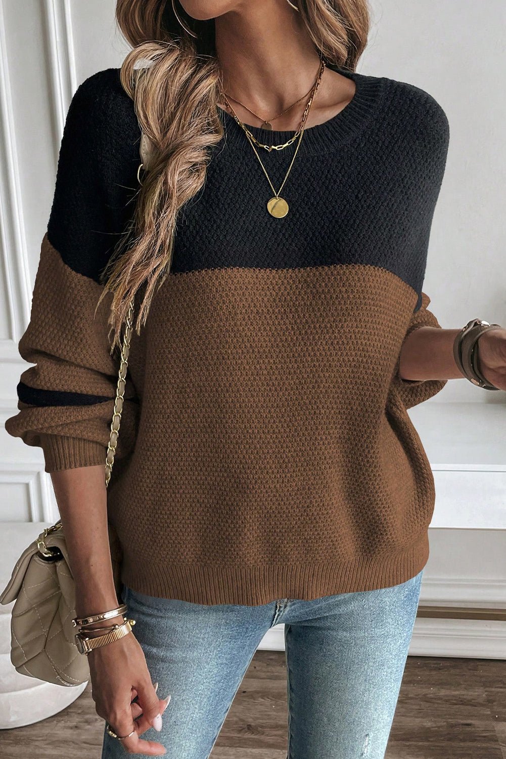 Dark Brown Colorblock Striped Sleeve Detail Knit Sweater - MAD RUFFI