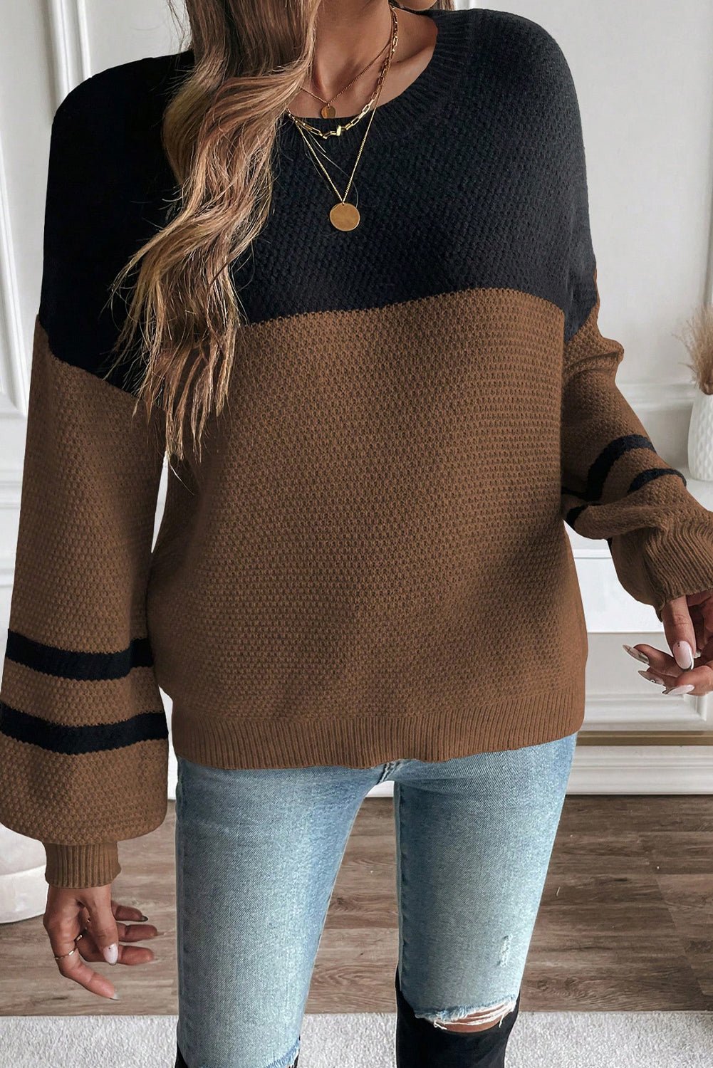 Dark Brown Colorblock Striped Sleeve Detail Knit Sweater - MAD RUFFI