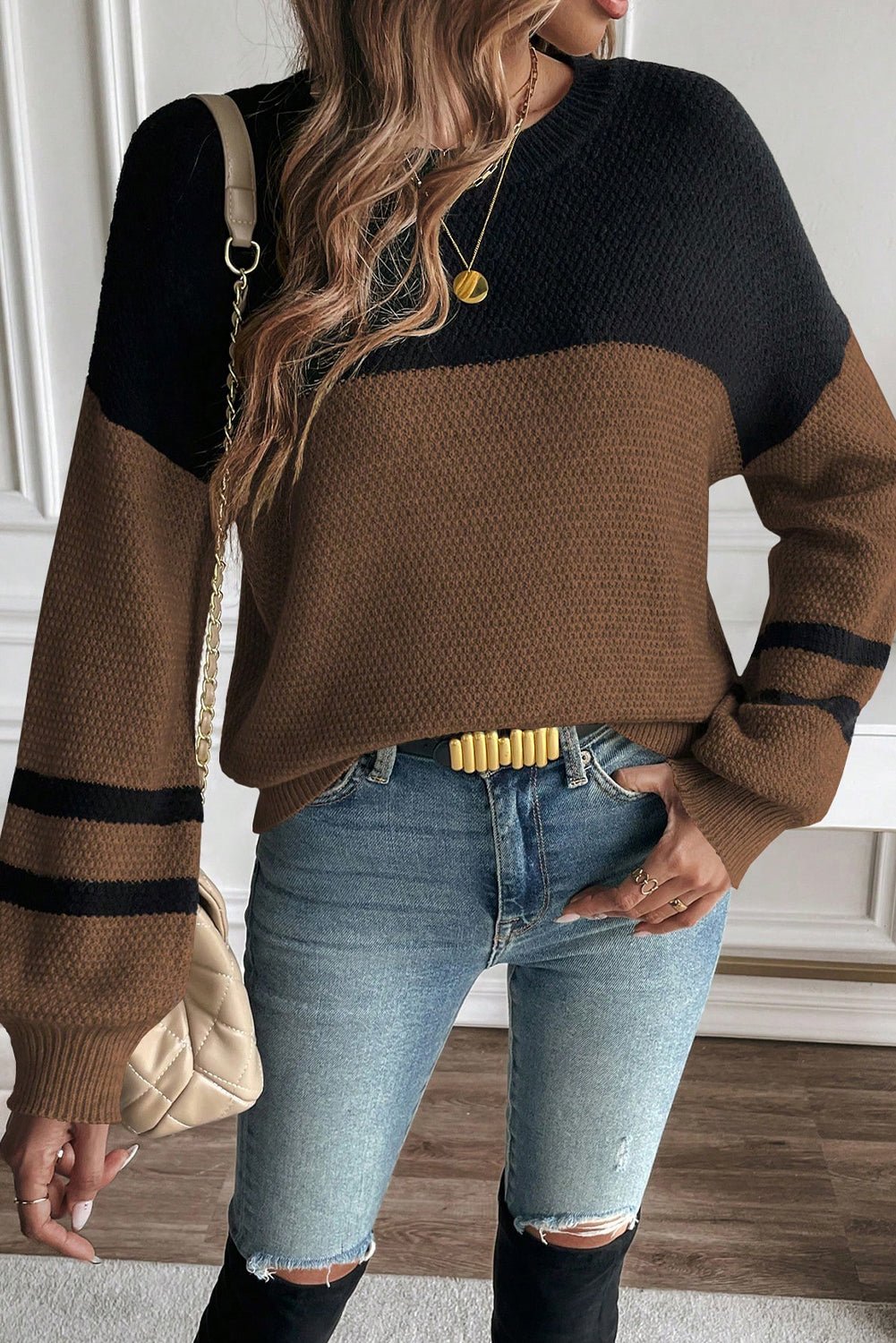 Dark Brown Colorblock Striped Sleeve Detail Knit Sweater - MAD RUFFI