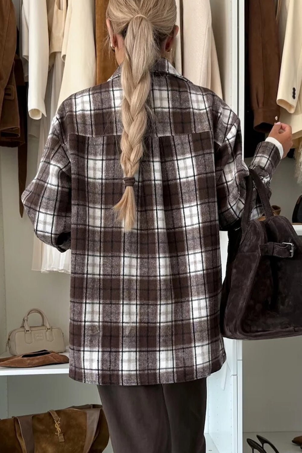 Dark Brown Flannel Plaid Chest Pocket Boyfriend Jacket - MAD RUFFI