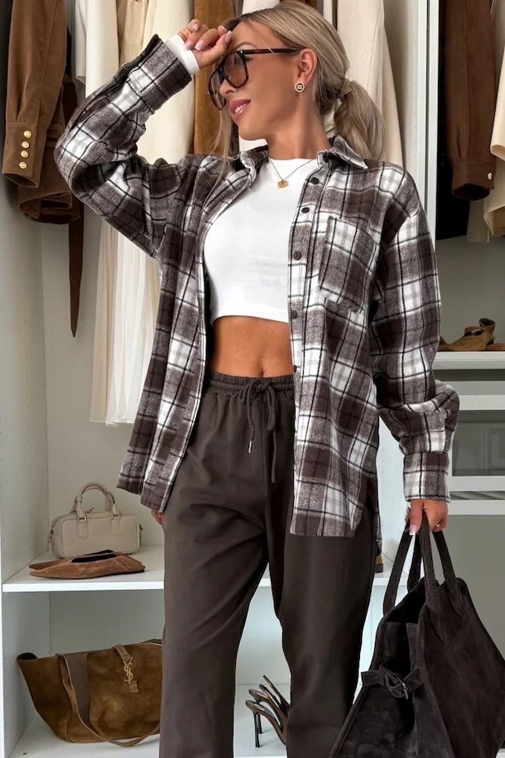 Dark Brown Flannel Plaid Chest Pocket Boyfriend Jacket - MAD RUFFI