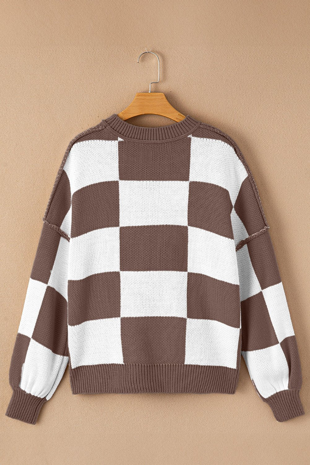 Dark Brown Plaid Bishop Sleeve Pullover Sweater - MAD RUFFI
