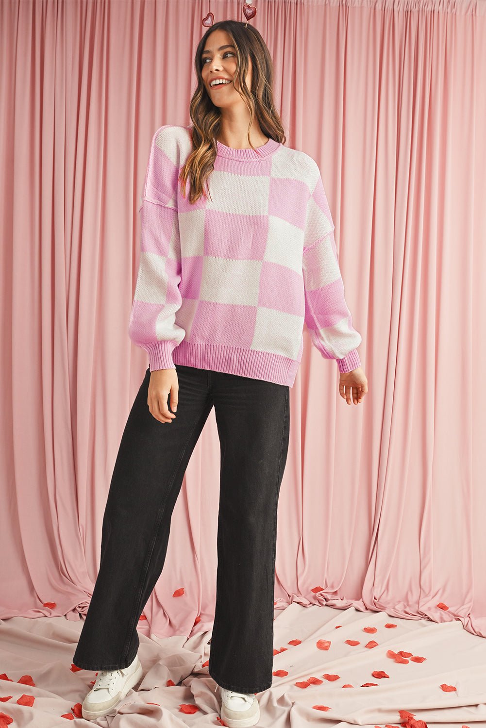 Dark Brown Plaid Bishop Sleeve Pullover Sweater - MAD RUFFI