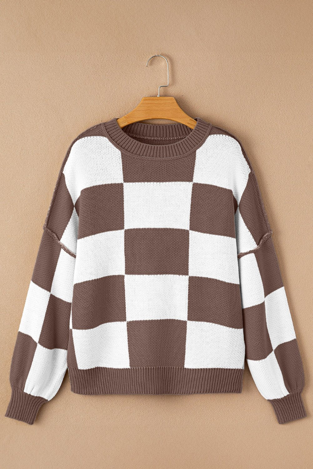 Dark Brown Plaid Bishop Sleeve Pullover Sweater - MAD RUFFI