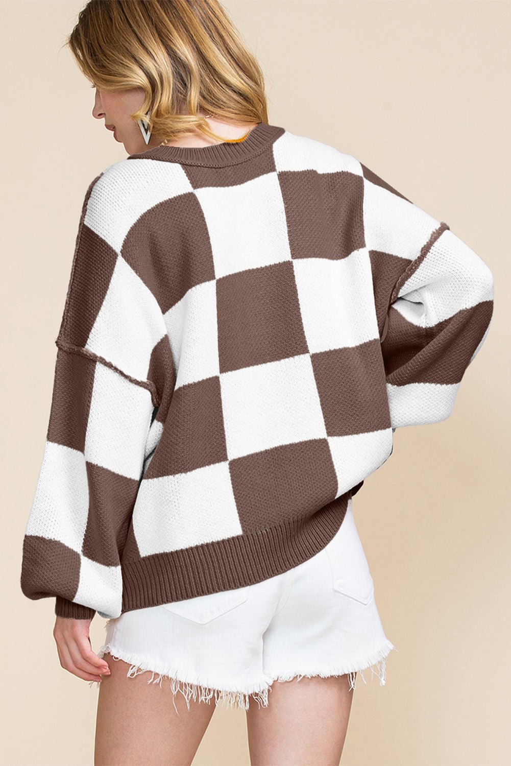 Dark Brown Plaid Bishop Sleeve Pullover Sweater - MAD RUFFI