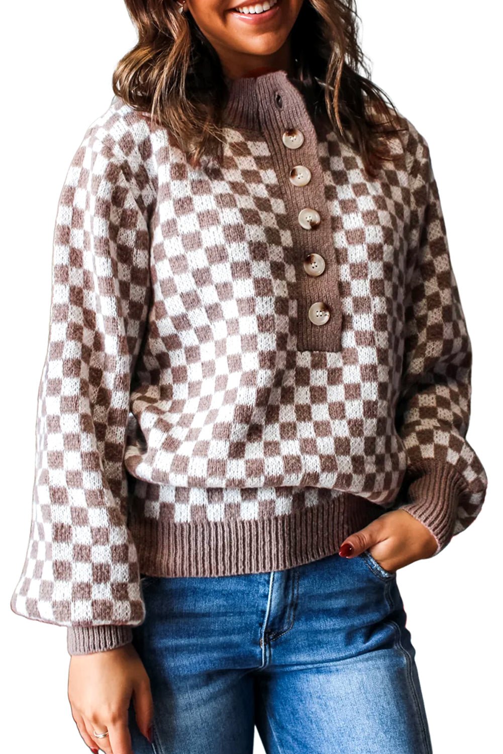 Dark Brown Plaid Contrast Trim Button Neck Sweater - MAD RUFFI