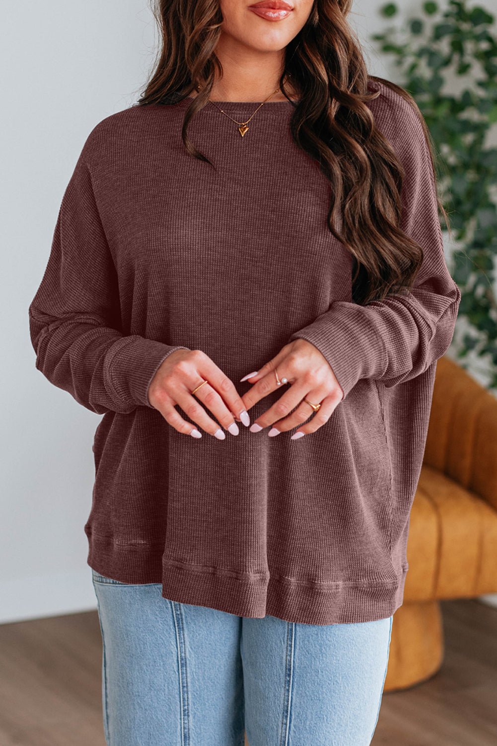 Dark Brown Ribbed Plain Long Sleeve Loose Top - MAD RUFFI