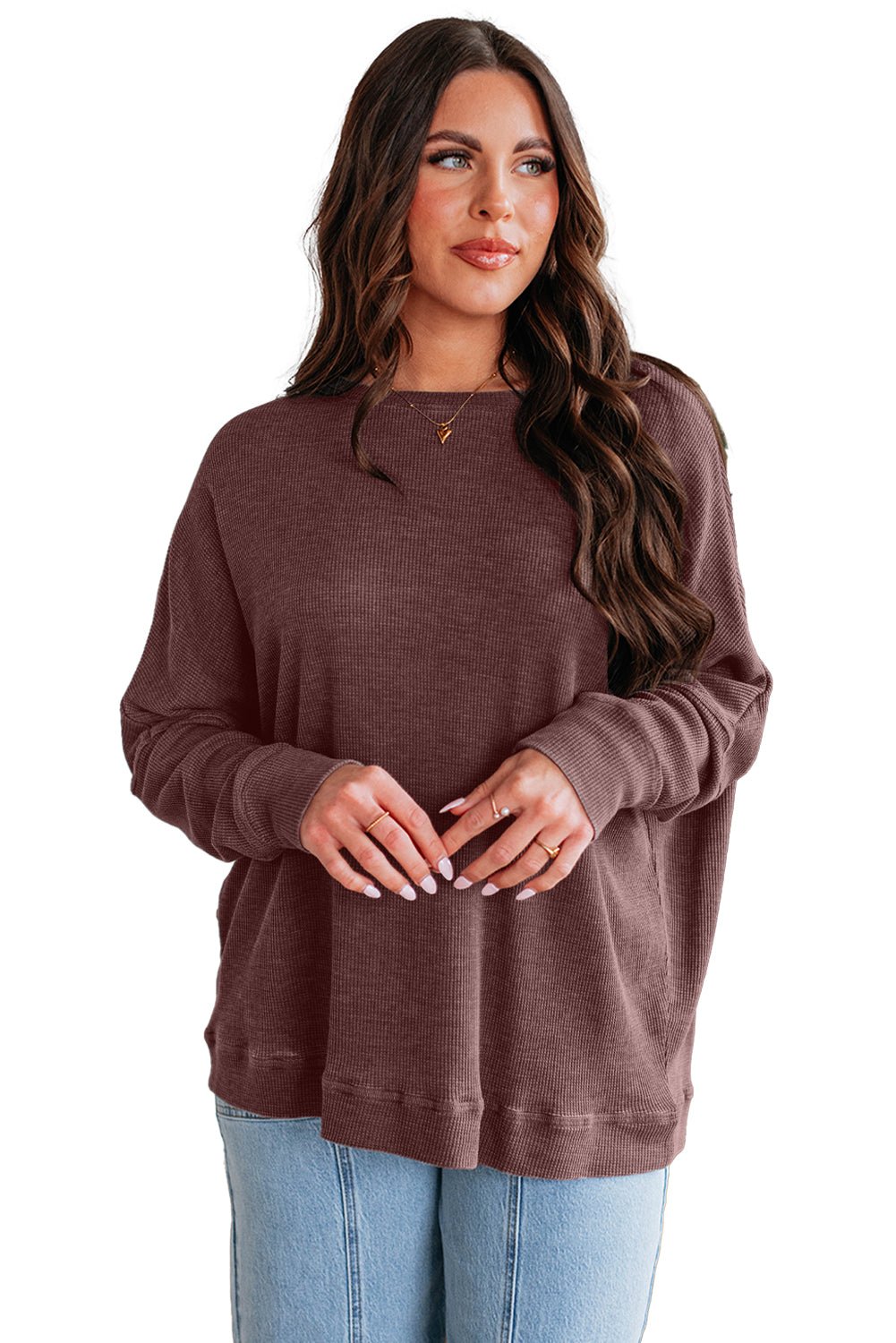 Dark Brown Ribbed Plain Long Sleeve Loose Top - MAD RUFFI