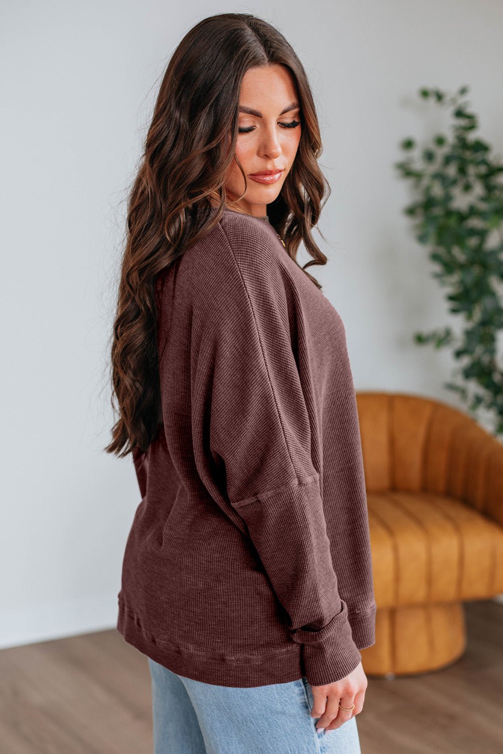 Dark Brown Ribbed Plain Long Sleeve Loose Top - MAD RUFFI