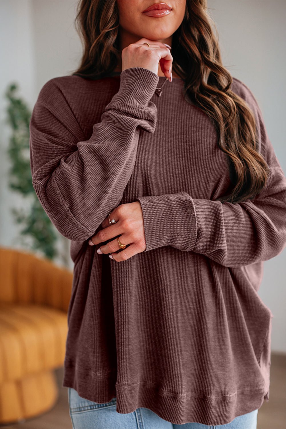 Dark Brown Ribbed Plain Long Sleeve Loose Top - MAD RUFFI