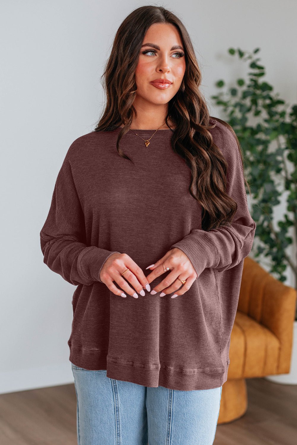 Dark Brown Ribbed Plain Long Sleeve Loose Top - MAD RUFFI