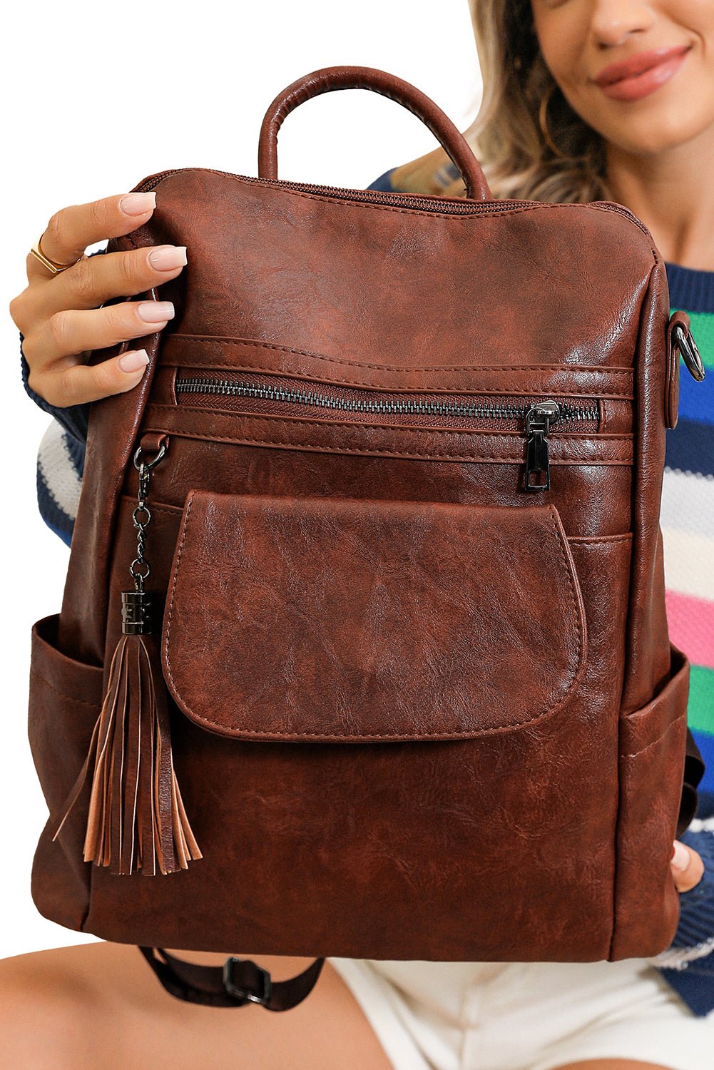 Dark Brown Tassel Decor Retro PU Large Capacity Backpack - MAD RUFFI