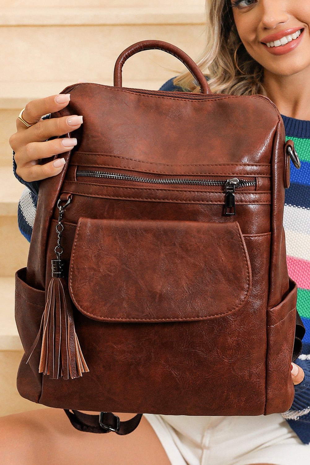 Dark Brown Tassel Decor Retro PU Large Capacity Backpack - MAD RUFFI
