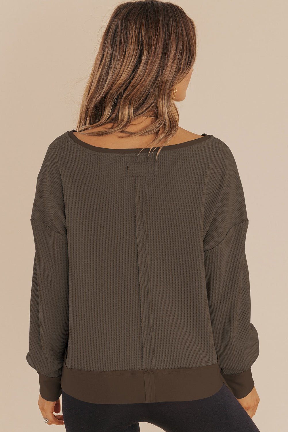 Dark Brown Waffle Knit Notched V Neck Drop Shoulder Solid Sweatshirt - MAD RUFFI
