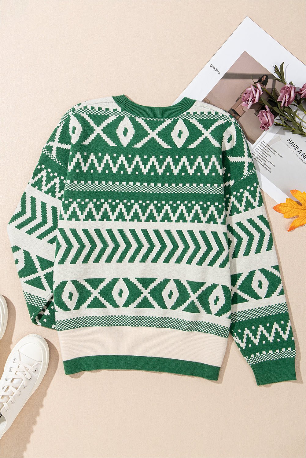 Dark Green Abstract Print Pullover Sweater - MAD RUFFI