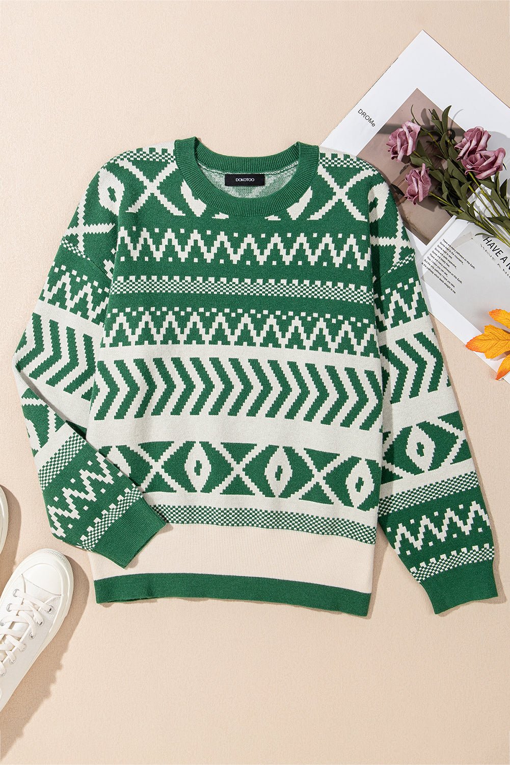Dark Green Abstract Print Pullover Sweater - MAD RUFFI