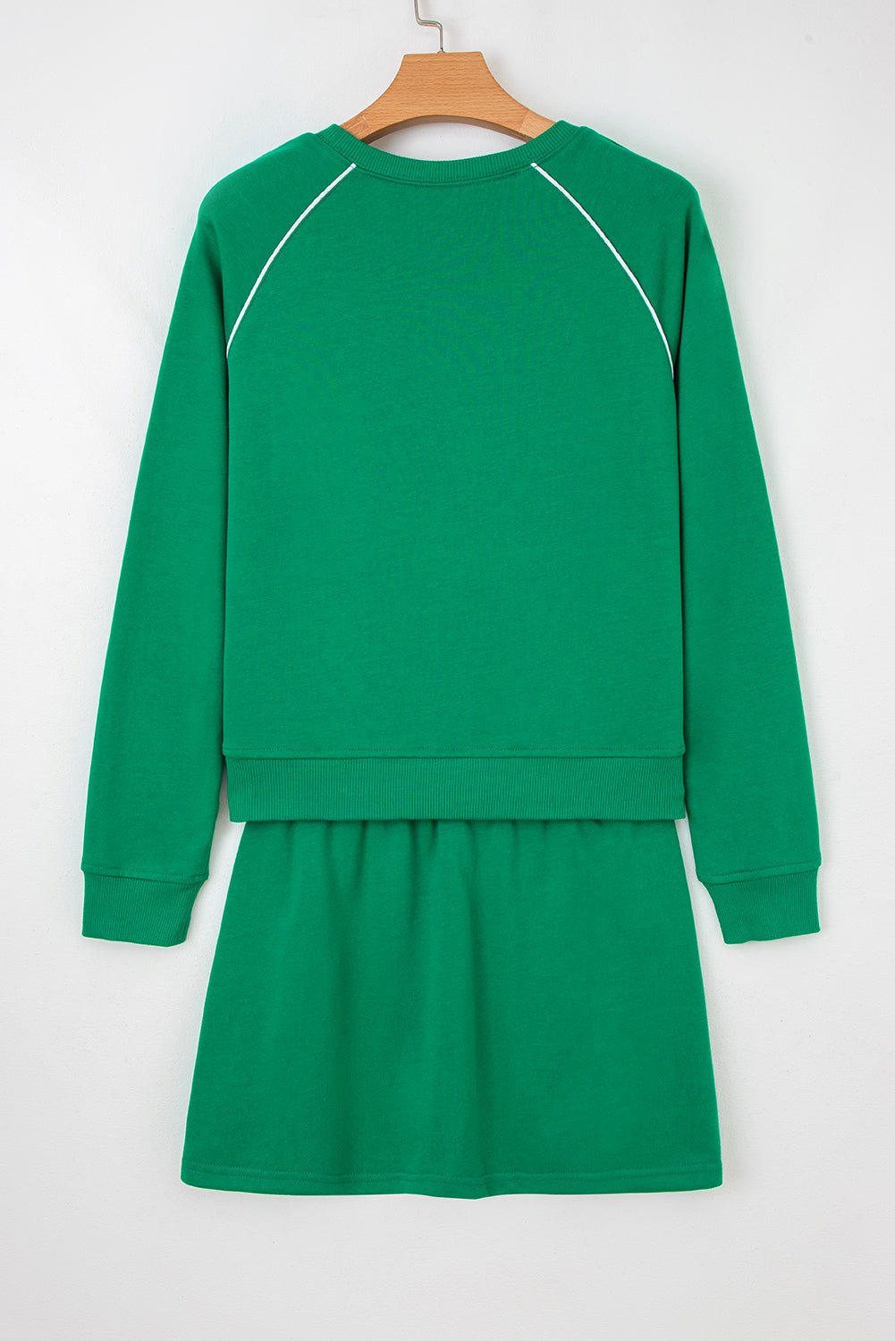 Dark Green Contrast Piping Crewneck Pullover Mini Skirt Set - MAD RUFFI