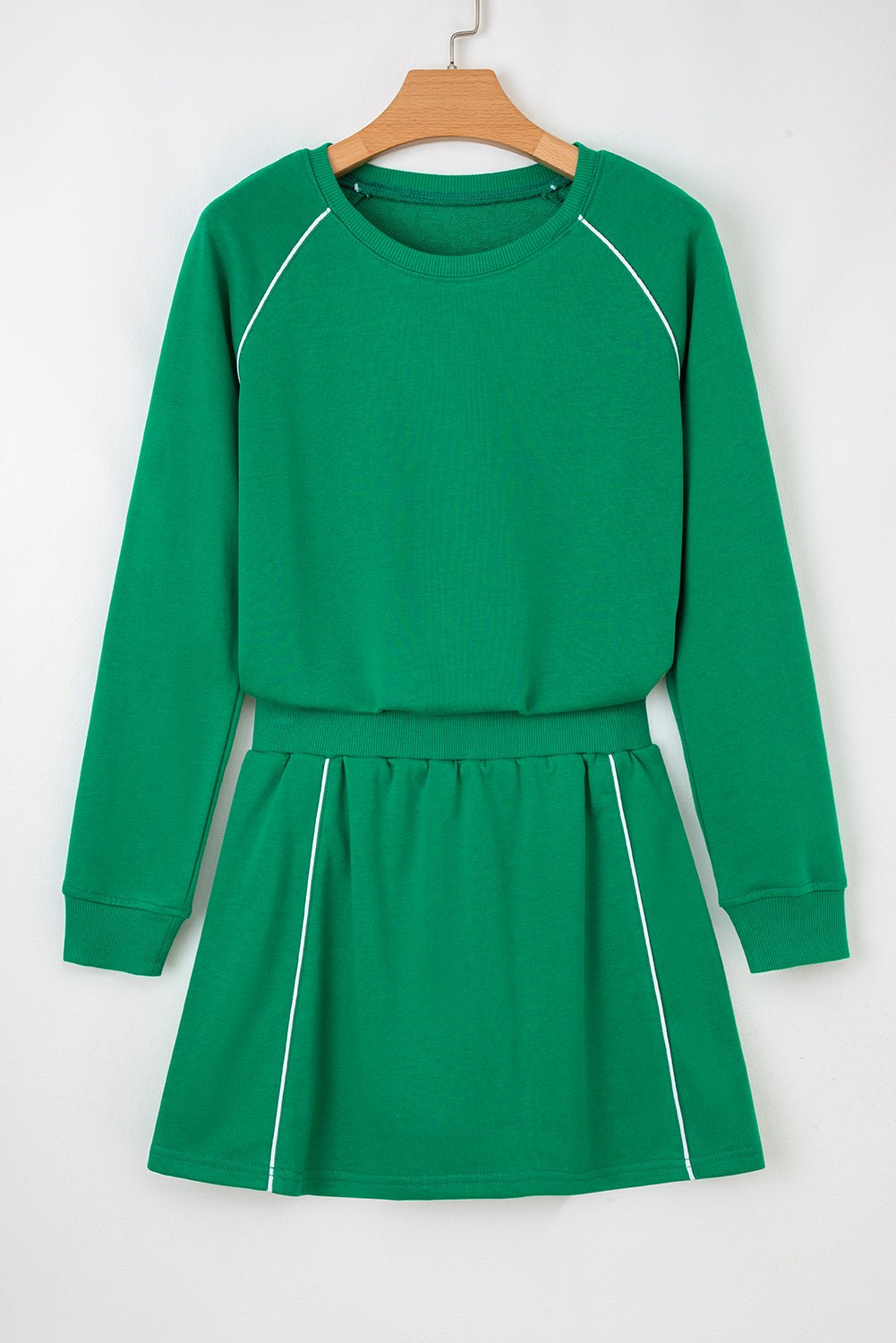 Dark Green Contrast Piping Crewneck Pullover Mini Skirt Set - MAD RUFFI
