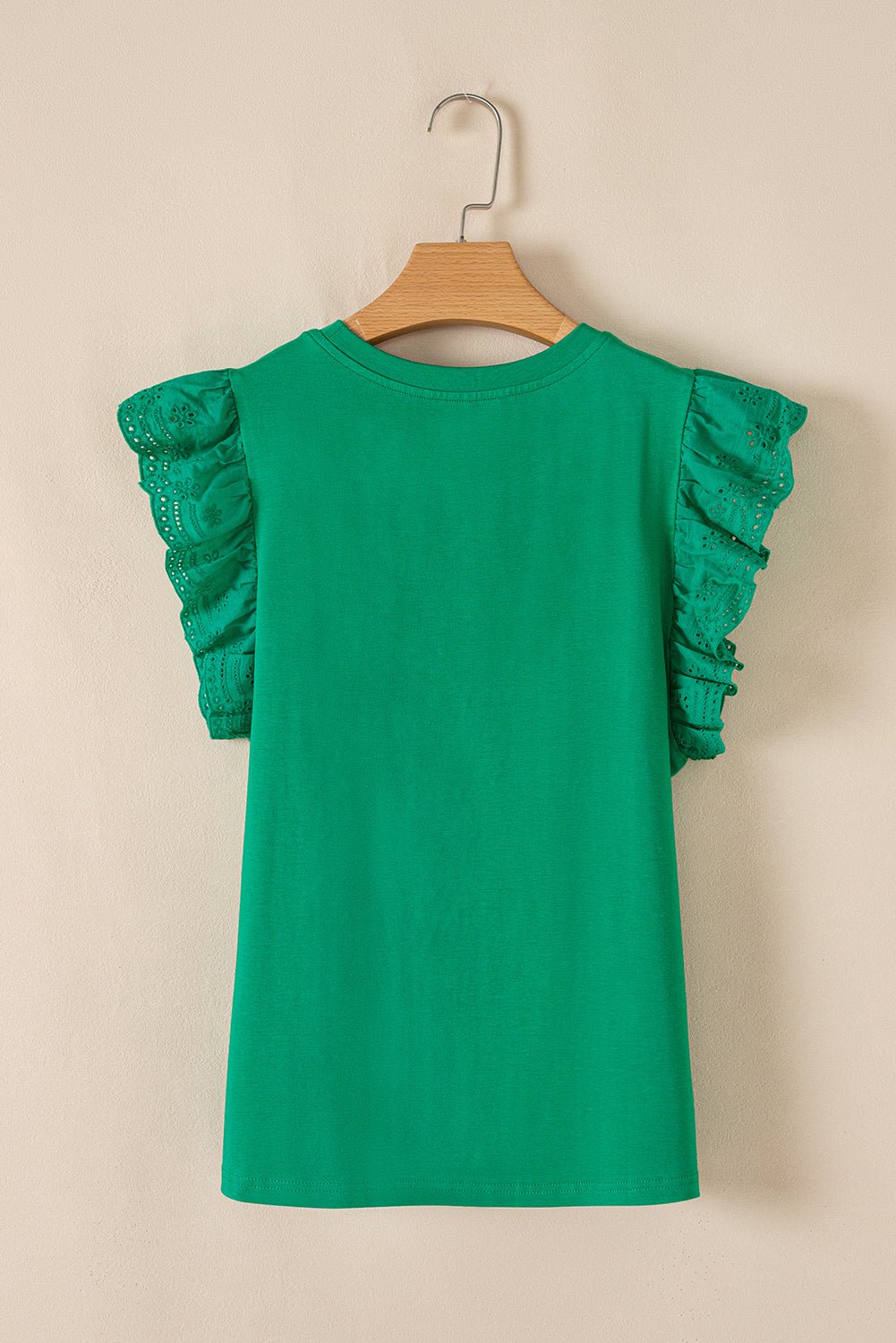 Dark Green Embroidered Ruffle Slim Fit Crew Neck Top - MAD RUFFI