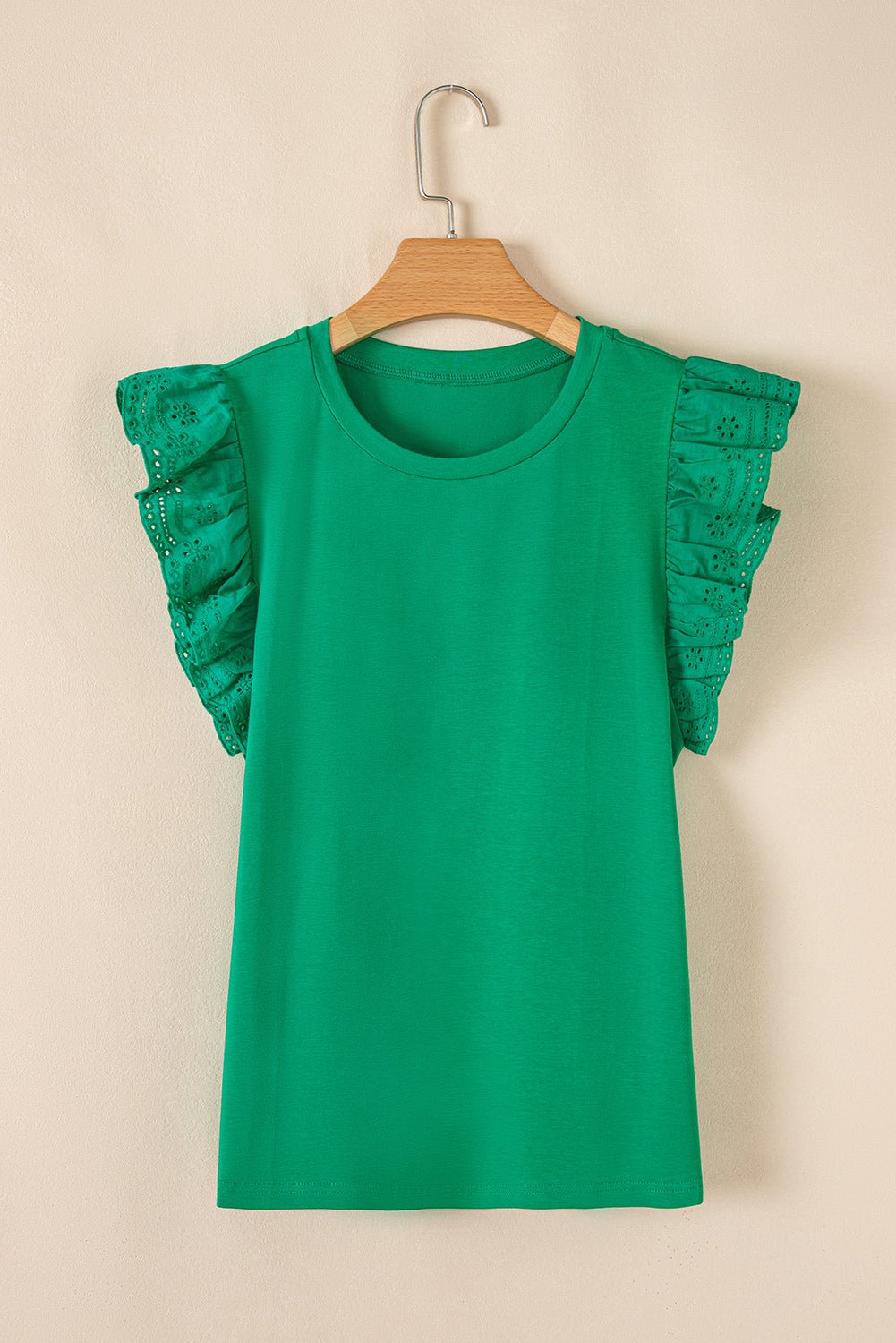 Dark Green Embroidered Ruffle Slim Fit Crew Neck Top - MAD RUFFI