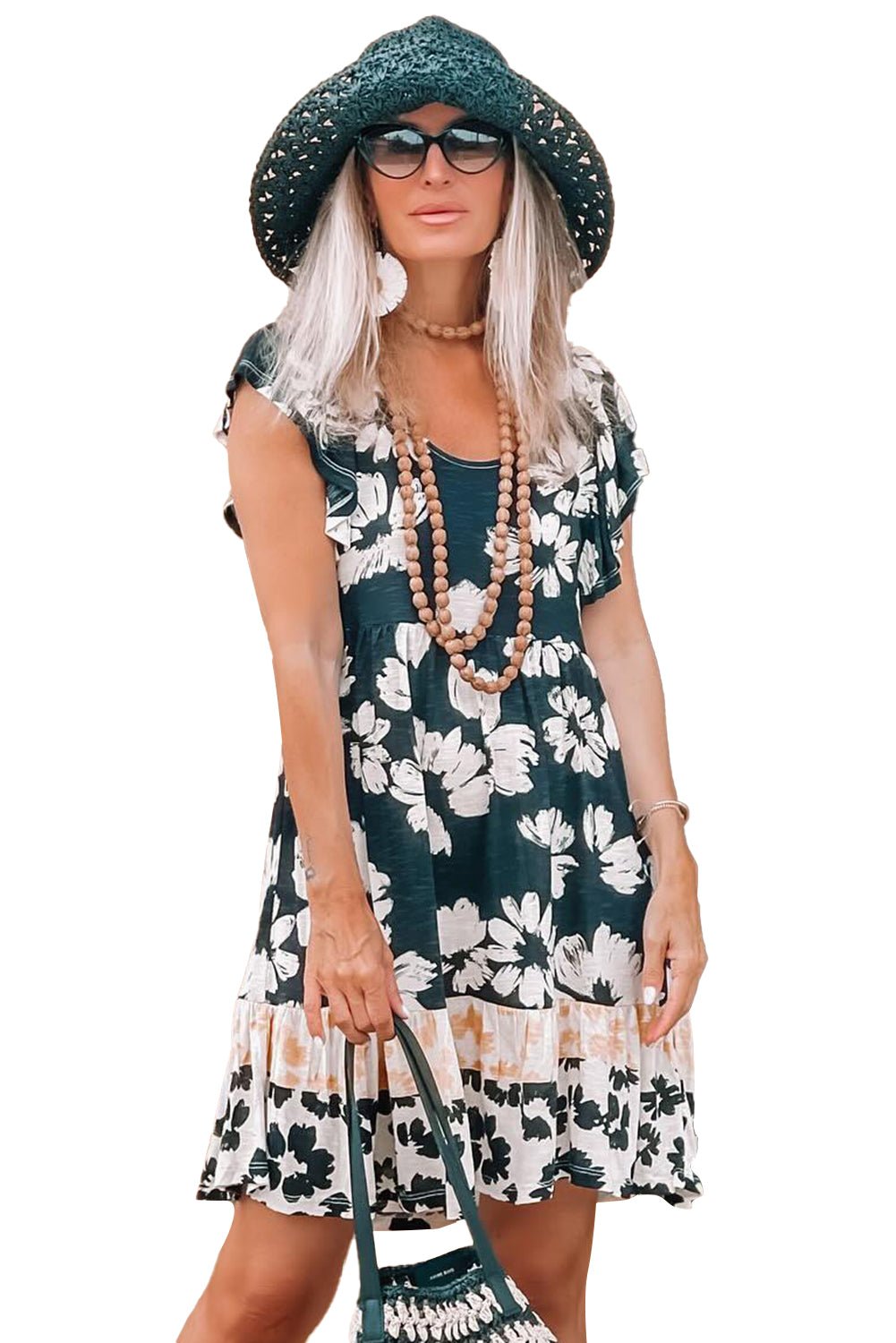 Dark Green Floral Print Ruffle Sleeve Empire Waist Mini Dress - MAD RUFFI