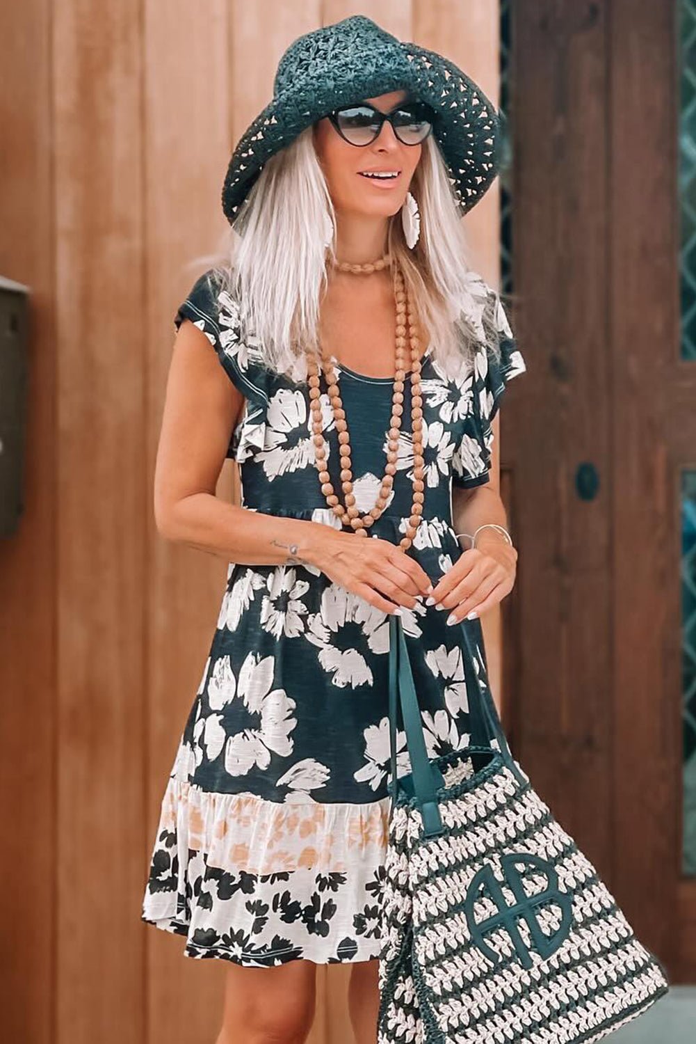 Dark Green Floral Print Ruffle Sleeve Empire Waist Mini Dress - MAD RUFFI