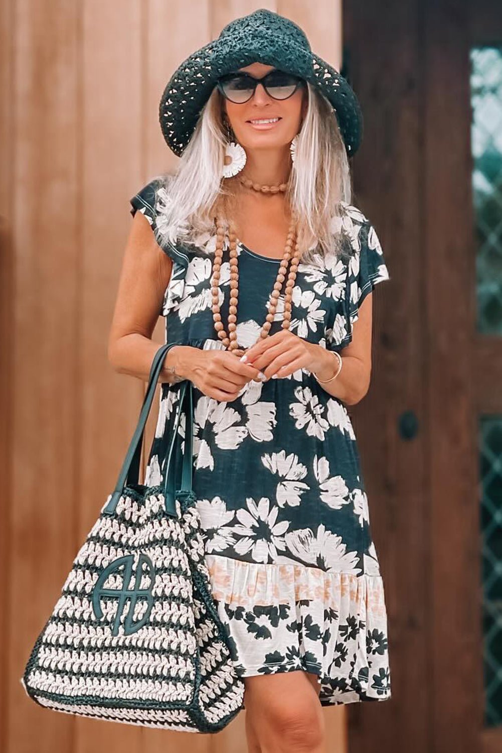 Dark Green Floral Print Ruffle Sleeve Empire Waist Mini Dress - MAD RUFFI