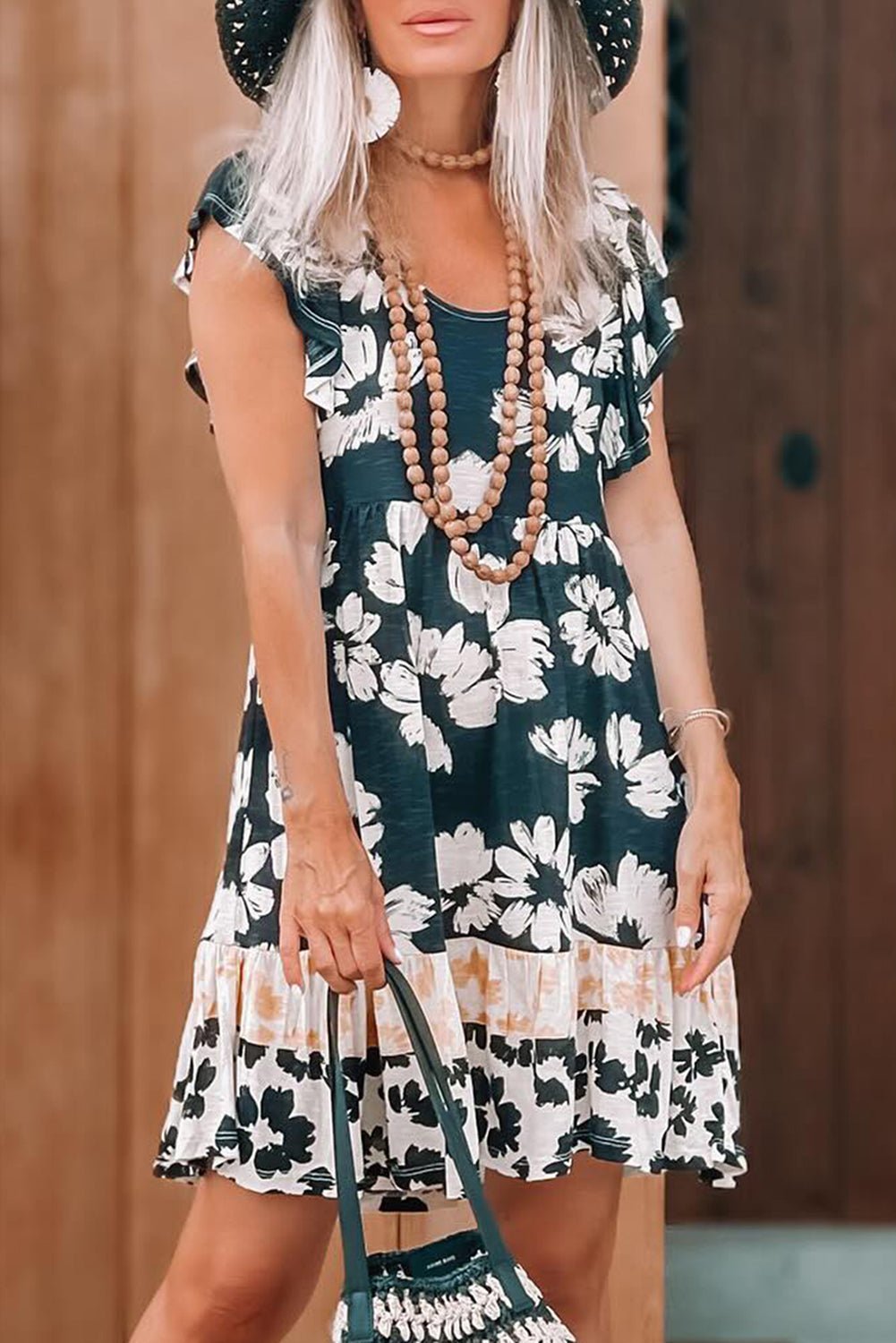 Dark Green Floral Print Ruffle Sleeve Empire Waist Mini Dress - MAD RUFFI