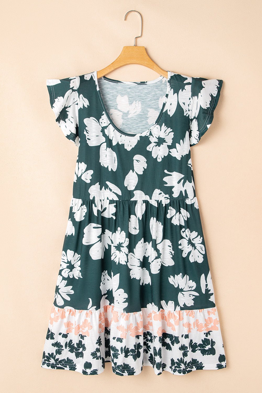 Dark Green Floral Print Ruffle Sleeve Empire Waist Mini Dress - MAD RUFFI