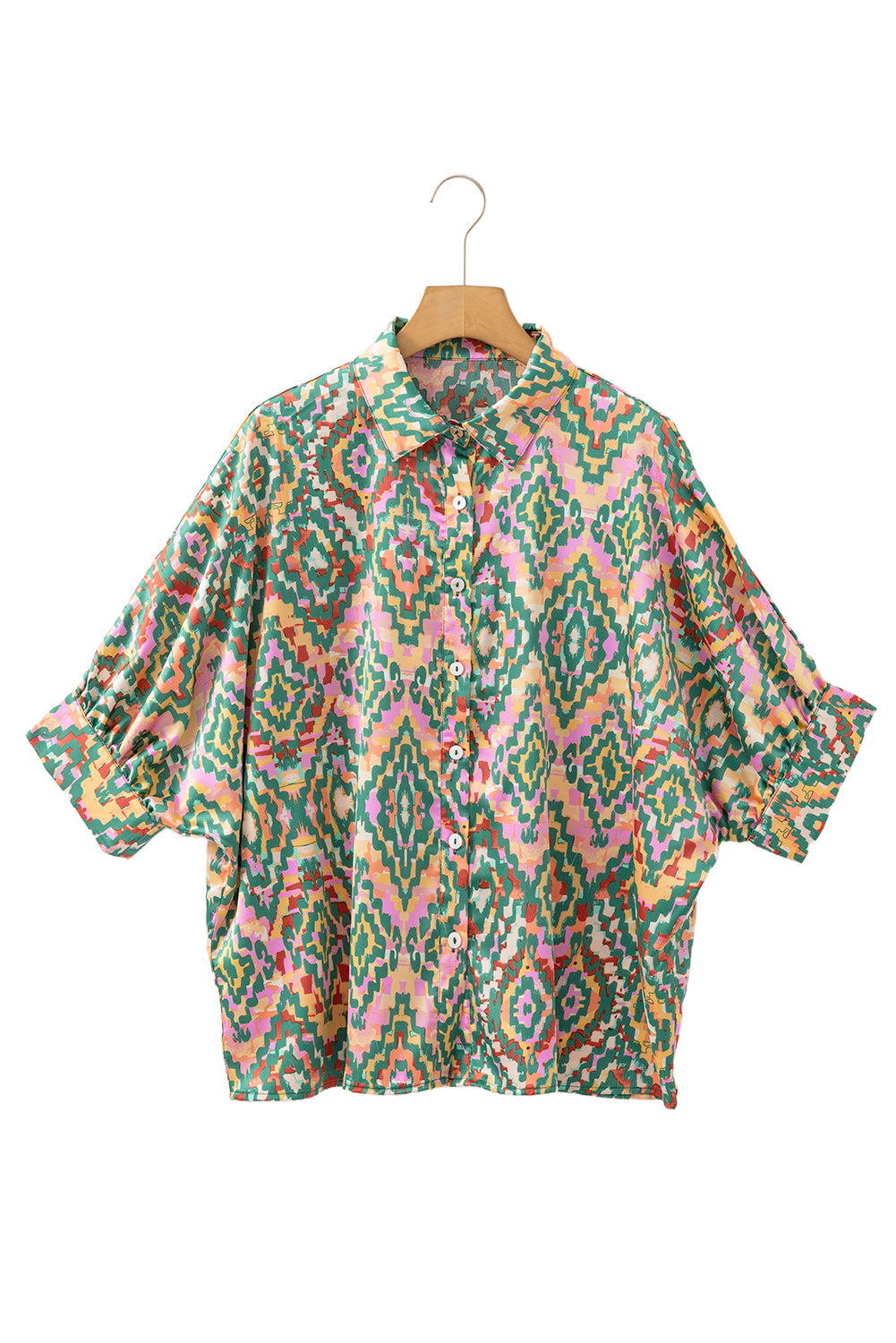 Dark Green Geometric Print Button Up Shirt - MAD RUFFI