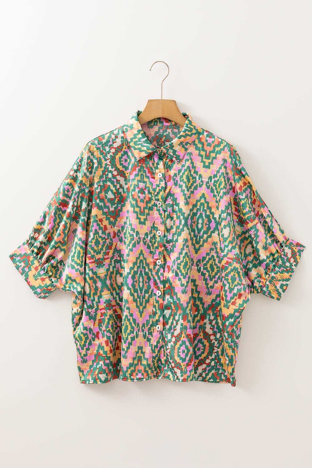 Dark Green Geometric Print Button Up Shirt - MAD RUFFI