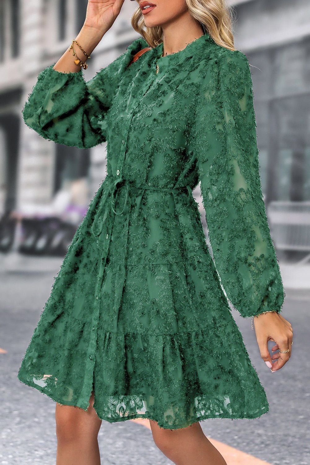 Dark Green Jacquard Long Sleeve Dress - MAD RUFFI