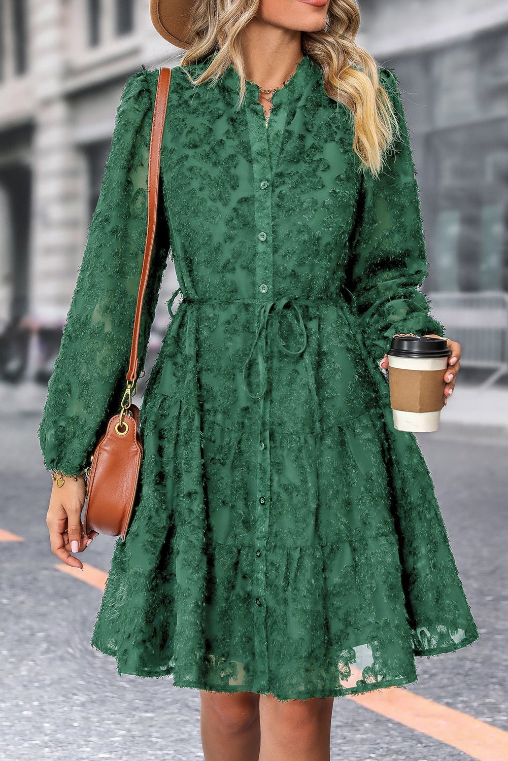 Dark Green Jacquard Long Sleeve Dress - MAD RUFFI