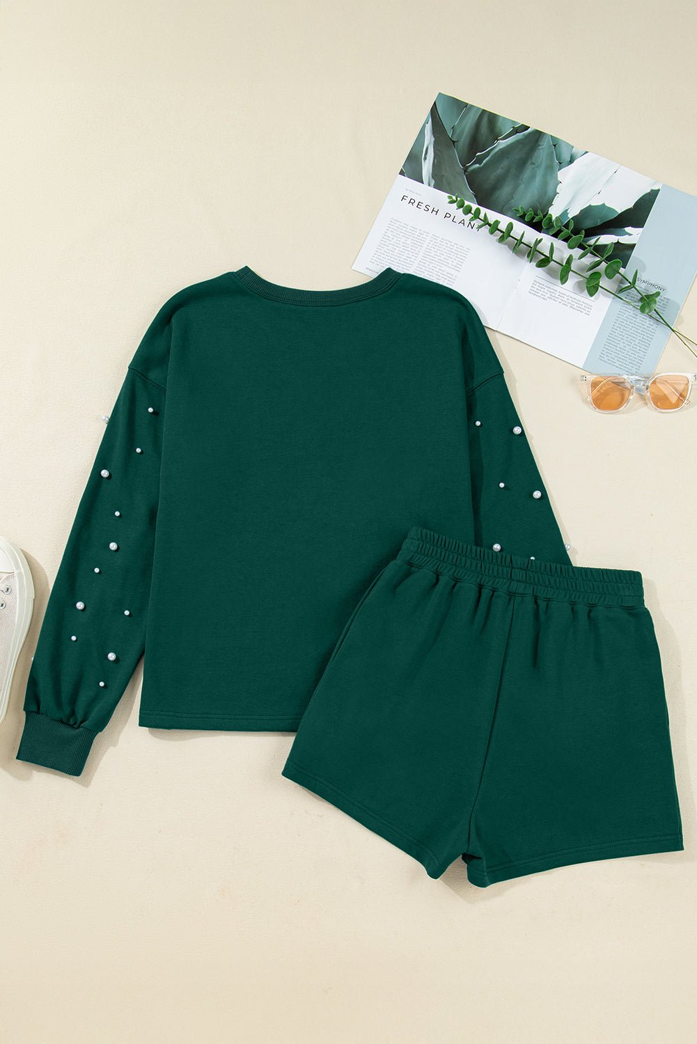 Dark Green Pearl Embellished Drop Shoulder Pullover Elastic Waist Mini Skirt Set - MAD RUFFI