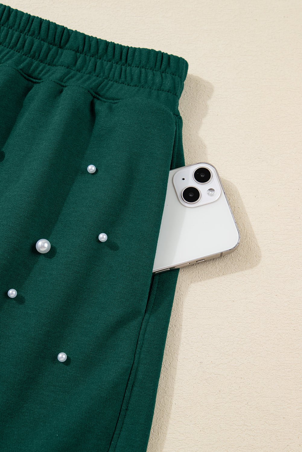 Dark Green Pearl Embellished Drop Shoulder Pullover Elastic Waist Mini Skirt Set - MAD RUFFI