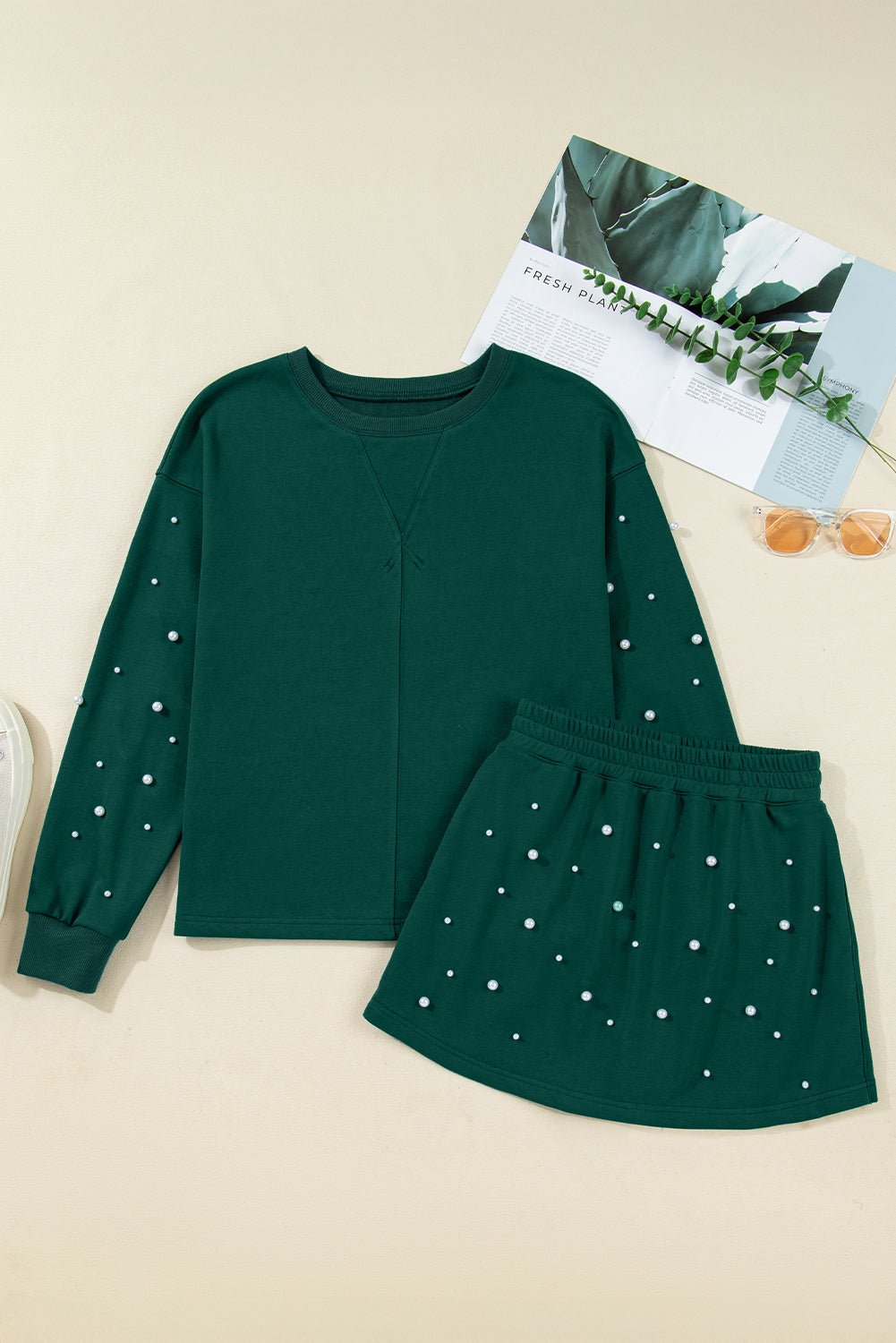 Dark Green Pearl Embellished Drop Shoulder Pullover Elastic Waist Mini Skirt Set - MAD RUFFI