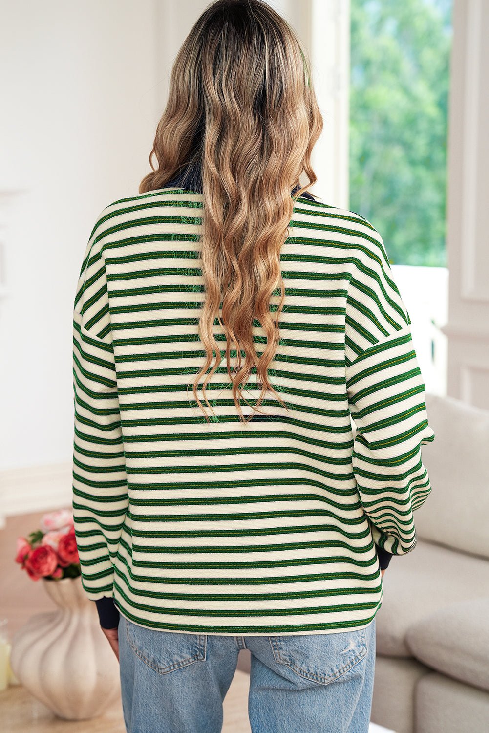 Dark Green Pop of Color V Neck Striped Long Sleeve Top - MAD RUFFI