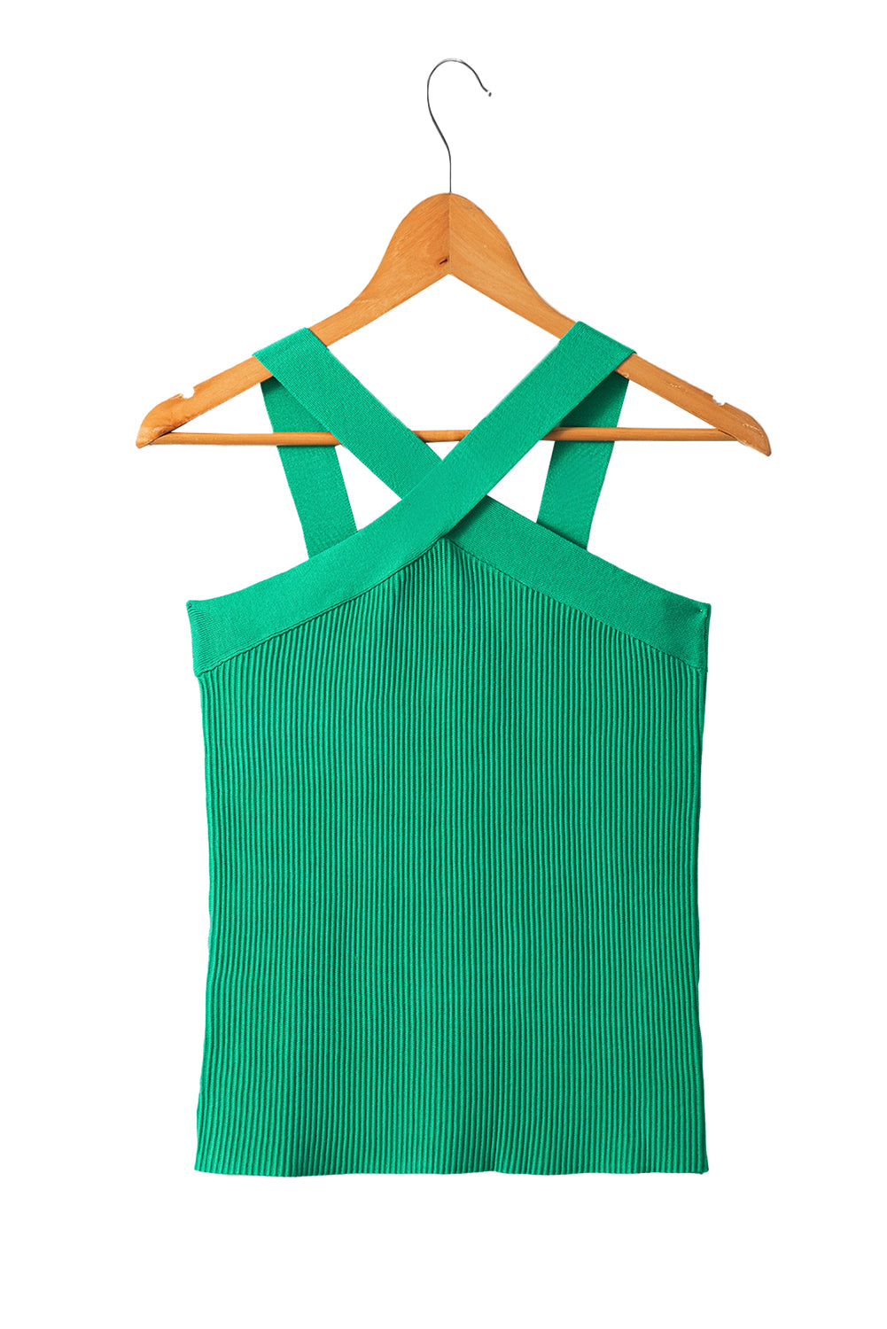 Dark Green Ribbed Criss Cross Halter Neck Sheath Sweater Tank Top - MAD RUFFI