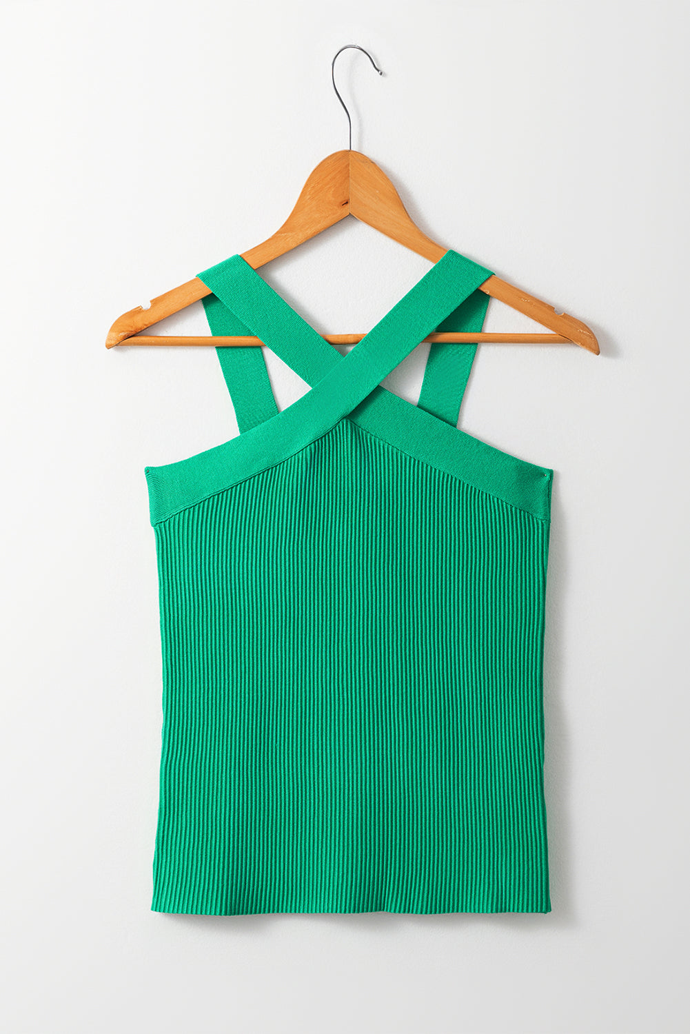 Dark Green Ribbed Criss Cross Halter Neck Sheath Sweater Tank Top - MAD RUFFI