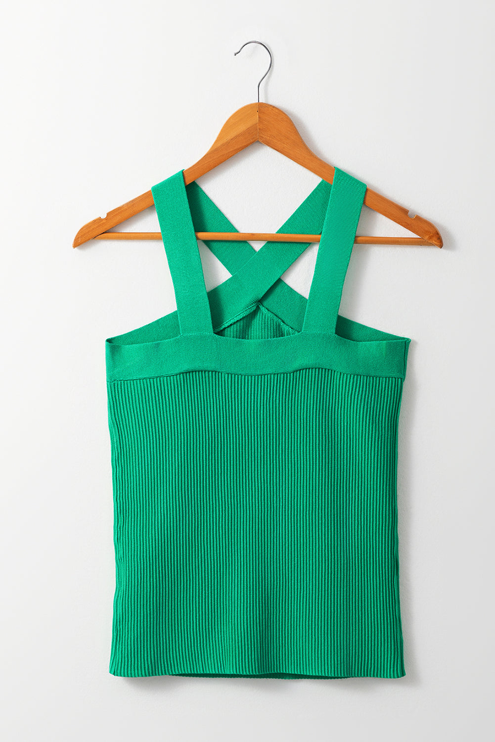 Dark Green Ribbed Criss Cross Halter Neck Sheath Sweater Tank Top - MAD RUFFI